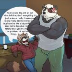  1:1 2022 angry anthro bar bear bottomwear clothed clothing confident cross-popping_vein describing_size dialogue duo effses english_text eye_patch eyewear fully_clothed fur giant_panda hi_res hoodie instant_loss_2koma larger_male male male/male mammal milk multicolored_body multicolored_fur muscular muscular_male procyonid provocative raccoon shirt size_difference smaller_male smile speech_bubble standing tank_top text topwear wall_of_text 