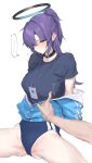  ... 1girl 1other black_shirt blue_archive blue_buruma blue_eyes blue_jacket blush breasts buruma grabbing grabbing_another&#039;s_breast gym_uniform halo hand_on_another&#039;s_chest highres jacket large_breasts long_hair looking_at_viewer poking ponytail purple_eyes purple_hair shirt short_sleeves spoken_ellipsis sticker_on_face yagi_764364 yuuka_(blue_archive) yuuka_(track)_(blue_archive) 