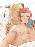  2boys bed beowulf_(fate) blonde_hair facial_hair fate/grand_order fate_(series) highres male_focus multiple_boys muscular muscular_male napoleon_bonaparte_(fate) pectorals reading scar scar_on_face souda_(sosoda) tattoo yaoi 