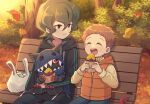  2boys appmon bag bench black_hoodie black_pants brothers brown_hair claws closed_eyes digimon digimon_(creature) digimon_on_lap eating falling_leaves food hackmon_(appmon) holding holding_food hood hoodie katsura_hajime katsura_rei leaf looking_at_another lulu_hane multiple_boys open_mouth orange_vest outdoors pants park_bench red_eyes shopping_bag short_hair siblings sitting sweater vest yellow_sweater 