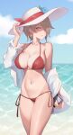  1girl beach bikini blue_sky breasts brown_hair chinese_commentary cleavage cloud collarbone commentary_request day flower hair_over_one_eye hat hat_flower highres holding honkai_(series) honkai_impact_3rd large_breasts looking_at_viewer mole mole_under_eye navel ocean off_shoulder outdoors red_bikini rita_rossweisse ruo_zhishi_chu_jian short_hair sky solo standing stomach sun_hat swimsuit 