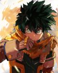  1boy blurry blurry_foreground bodysuit boku_no_hero_academia bright_pupils cape clenched_hand closed_mouth commentary floating_cape floating_hair freckles gloves green_bodysuit green_eyes green_gloves green_hair hair_between_eyes hand_up highres looking_at_viewer male_focus midoriya_izuku official_alternate_costume short_hair smile sokora_hen solo spoilers straight-on torn_cape torn_clothes two-tone_bodysuit upper_body v-shaped_eyebrows white_background white_gloves white_pupils yellow_bodysuit yellow_cape 