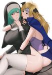  2girls alternate_costume ass blonde_hair blue_eyes blue_panties breasts demon_girl fingerless_gloves fire_emblem fire_emblem:_radiant_dawn gloves green_hair heather_(fire_emblem) hug large_breasts long_hair looking_at_another looking_back multiple_girls nephenee_(fire_emblem) nun oyatsu_0 panties pelvic_curtain sideboob sitting smile tail thighhighs thighs underwear very_long_hair yuri 