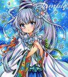  blue_background blue_eyes blue_flower blue_skirt cowboy_shot embellished_costume floral_print flower green_ribbon grey_hair hair_flower hair_ornament hat hat_ribbon holding holding_flower japanese_clothes kariginu long_hair long_sleeves looking_at_viewer marker_(medium) mononobe_no_futo parted_lips petals ponytail red_ribbon ribbon ribbon-trimmed_sleeves ribbon_trim rui_(sugar3) sample_watermark skirt standing tate_eboshi touhou traditional_media watermark white_ribbon wide_sleeves 