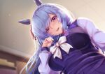  1girl animal_ears blush braid breasts from_below highres horse_ears horse_girl lap_pillow large_breasts long_hair long_sleeves looking_at_viewer mejiro_ardan_(umamusume) parted_lips purple_eyes purple_hair saboten_teishoku smile solo umamusume 