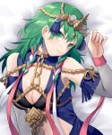  1girl bare_shoulders breasts byleth_(female)_(fire_emblem) byleth_(fire_emblem) cleavage closed_mouth clothing_cutout commentary_request cosplay detached_sleeves fire_emblem fire_emblem:_three_houses green_eyes green_hair large_breasts long_sleeves looking_at_viewer medium_hair navel navel_cutout qi&#039;e_(penguin) solo sothis_(fire_emblem) sothis_(fire_emblem)_(cosplay) tiara upper_body 