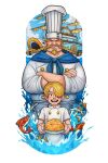  2boys aged_down ascot beard black_eyes blonde_hair blue_ascot braid braided_beard chef chef_hat child cloud cloudy_sky commentary_request crossed_arms curly_eyebrows facial_hair fish food hair_over_one_eye hat highres holding holding_food lilithartv long_mustache looking_at_viewer male_focus multiple_boys mustache one_eye_covered one_piece open_mouth outdoors red-leg_zeff sanji_(one_piece) short_hair sky smile spanish_commentary teeth uniform v-shaped_eyebrows 