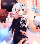  absurdres balloon black_skirt bluebell_0000 crosshair crosshair_pupils doll dtto. highres holding holding_doll hood multicolored_hair pale_skin red_eyes red_hair ribbon scarz skirt smile thighhighs utaite virtual_youtuber white_hair 