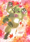  :d absurdres claws commentary_request falling_leaves fangs floragato full_body highres koso2023 leaf looking_at_viewer no_humans open_mouth pokemon pokemon_(creature) smile solo tongue 