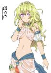  1girl blonde_hair blush breasts breath_of_fire closed_mouth groin kumaori light_green_hair long_hair looking_at_viewer midriff navel nina_(breath_of_fire_6) purple_eyes simple_background solo white_background 