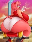  2023 amy_rose anthro big_butt butt dialogue eulipotyphlan female gesture hedgehog hi_res looking_at_viewer looking_back mammal piko_piko_hammer sega sitting_on_object solo sonic_adventure sonic_the_hedgehog_(series) subtitled tagme talking_to_viewer v_sign yummygoods 