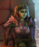  1girl absurdres alien armor artist_name colored_skin green_skin halchroma highres looking_to_the_side nose_piercing pauldrons piercing shoulder_armor signature solo star_wars stone_wall twi&#039;lek upper_body wall 