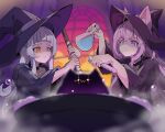  2girls animal_ear_fluff animal_ears blunt_bangs cauldron choker commentary english_commentary flask grey_hair hakui_koyori hat holding holding_test_tube hololive long_hair moral_cacoethes multiple_girls murasaki_shion pink_hair purple_eyes smile test_tube virtual_youtuber witch_hat wolf_ears wolf_girl yellow_eyes 