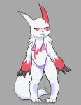  2023 anthro bikini biped black_eyes claw_fingers clenched_teeth clothed clothing female fluffy fluffy_tail front_view generation_3_pokemon gloves_(marking) hi_res looking_at_viewer markings neck_tuft nintendo pink_nose pink_sclera pokemon pokemon_(species) pupils red_markings simple_background skimpy slit_pupils solo standing stupidgnoll swimwear tail teeth tuft white_body zangoose 