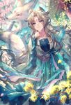  1girl animal_ears blue_eyes branch brown_hair cherry_blossoms cloud cloudy_sky falling_petals finger_to_own_chin fox fox_ears highres jewelry long_hair looking_at_viewer necklace original parted_bangs petals pillar shigaraki_(strobe_blue) sky smile temple 