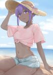  1girl alternate_costume arm_support arm_up beach blue_shorts blue_sky closed_mouth dark-skinned_female dark_skin denim denim_shorts fate/grand_order fate_(series) hand_on_headwear hassan_of_serenity_(fate) hat hat_ribbon highres hyakuashi2525 light_blush looking_at_viewer midriff navel ocean outdoors pink_ribbon pink_shirt purple_eyes purple_hair ribbon sand shirt short_hair short_shorts short_sleeves shorts signature sitting sky solo straw_hat sweat t-shirt tan tanlines tied_shirt 