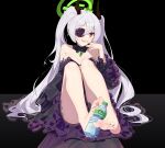  1girl arya_crystal ass bare_legs barefoot ddt_(darktrident) dress feet highres long_hair looking_at_viewer nail_polish original purple_eyes sitting smile soles solo toenail_polish toenails touhou_ayaria_epic twintails white_hair 