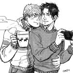  2boys bara black_hair blonde_hair closed_eyes couple cris_art cup ear_piercing greyscale hand_on_another&#039;s_waist holding holding_cup holding_phone hulkling layered_shirt light_blush long_sideburns looking_at_another male_focus marvel monochrome mug multiple_boys phone piercing short_hair sideburns smile sweater thick_eyebrows upper_body wiccan yaoi 
