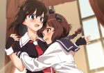  2girls ahoge black_gloves black_sailor_collar black_serafuku blush braid brown_eyes brown_hair commentary_request fingerless_gloves gloves hair_flaps highres hug ichimi_renge indoors kantai_collection long_hair long_sleeves multiple_girls neckerchief open_mouth red_neckerchief sailor_collar school_uniform second-party_source serafuku shigure_(kancolle) short_hair short_sleeves single_braid speaking_tube_headset sweat upper_body white_sailor_collar white_serafuku yellow_neckerchief yukikaze_(kancolle) yuri 