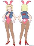  1girl alternate_costume android_18 animal_ears annoyed ass blonde_hair blue_eyes bow bowtie breasts commentary covered_navel denim denim_jacket detached_collar dragon_ball dragon_ball_z earrings fake_animal_ears fake_tail full_body hands_on_own_hips high_heels highleg highleg_leotard highres jacket jewelry leotard looking_at_viewer medium_breasts pantyhose pink_leotard playboy_bunny rabbit_ears rabbit_tail red_ribbon_army short_hair strapless strapless_leotard sweatdrop tail torn_jacket traditional_bowtie twitter_username white_background wrist_cuffs yonezawa_mao 
