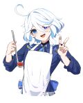  1girl :d absurdres ahoge apron asiri_senpai blue_eyes blue_jacket brooch commentary furina_(genshin_impact) genshin_impact head_tilt highres holding holding_ladle jacket jewelry ladle long_sleeves looking_at_viewer no_headwear open_mouth revision short_hair smile solo upper_body v white_apron white_hair 