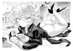  1girl ass balcony bed black_dress blush book border collared_dress dress feet_up flipped_hair full_body greyscale high_heels holding holding_book indoors looking_at_viewer lying mogudan monochrome no_panties on_stomach one-punch_man open_book parted_lips reading short_hair slippers slippers_removed solo sweat tatsumaki the_pose tsurime white_border 