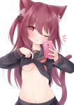  1girl ;p animal_ear_fluff animal_ears black_serafuku black_shirt black_skirt breasts cat_ears cat_girl cat_tail cellphone clothes_lift highres lifted_by_self long_hair long_sleeves looking_at_viewer mochizuki_riku navel one_eye_closed original phone red_eyes red_hair school_uniform serafuku shirt shirt_lift skirt small_breasts smartphone stomach tail tongue tongue_out 