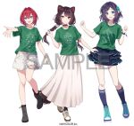  3girls aiba_uiha ange_katrina black_choker blue_eyes blue_footwear blue_shirt bracelet braid choker dog_hair_ornament full_body green_shirt hair_intakes hair_ornament heterochromia inui_toko jewelry long_hair long_skirt medium_hair mole mole_under_eye multiple_girls nijisanji official_art purple_hair red_eyes red_hair sample_watermark shirt short_hair shorts simple_background siokazunoko skirt smile socks t-shirt twin_braids watermark white_background white_shorts white_skirt yellow_eyes 