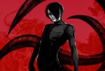  1boy black_bodysuit black_hair bodysuit closed_mouth covered_collarbone cowboy_shot crurry_(trenos_x) furuta_nimura hair_over_one_eye highres kagune_(tokyo_ghoul) male_focus pale_skin red_background short_hair solo tokyo_ghoul tokyo_ghoul:re 