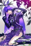  1girl black_gloves blue_eyes blurry blurry_foreground boots china_dress chinese_clothes commentary_request dress elbow_gloves food fruit gloves grape_print grapes grey_background hair_ornament highres holding holding_food holding_fruit long_hair looking_at_viewer purple_hair sidelocks solo thigh_boots touhou unfinished_dream_of_all_living_ghost yomotsu_hisami zounose 