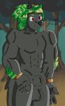 2023 abs absurd_res animal_genitalia anthro black_body black_fur canid canine canis digital_media_(artwork) forest fur genitals green_hair hair hi_res iivoltagewolf lovers_of_aether male mammal muscular muscular_anthro muscular_male nude plant portrait red_eyes rivals_of_aether sheath solo sylvanos tree tuft wolf wristband 