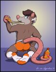  2019 american_opossum anthro beverage blue_sclera briefs brown_body brown_fur brown_hair bulge butt clothed clothing colored_seam_underwear detailed_background eating_pizza food footwear fur gradient_background grey_body grey_fur hair hand_on_leg hand_on_thigh holding_soda male mammal marsupial orange_briefs orange_clothing orange_eyes orange_footwear orange_socks orange_underwear pantsless pink_nose pizza shadow signature simple_background socks soda soda_bottle solo tail_holding_soda topless touya_kemone underwear vir-no-vigoratus website_url white_clothing white_footwear white_hair white_seam_briefs white_seam_underwear white_socks 