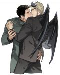  2boys albert_wesker arm_grab ass_grab blonde_hair brown_hair chris_redfield closed_eyes closed_mouth demon demon_horns demon_wings green_jacket highres horns jacket jewelry multiple_boys muscular non-web_source resident_evil suit sunglasses tatsumi_(psmhbpiuczn) wings yaoi 
