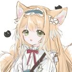  1girl animal_ear_fluff animal_ears arknights blonde_hair commentary crossover faye_(0365656247) fox_ears fox_girl fox_tail green_eyes heixiu highres kitsune kyuubi long_hair looking_at_viewer luo_xiaohei_zhanji multicolored_hair multiple_tails neck_ribbon official_alternate_costume parted_lips red_ribbon ribbon shirt solo suzuran_(arknights) suzuran_(spring_praise)_(arknights) symbol-only_commentary tail two-tone_hair upper_body white_hair white_shirt 