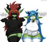  absurd_res big_breasts blindfold blue_hair breast_size_difference breasts clothed clothing collar duo goblin green_body green_skin hair hi_res humanoid legwear not_furry thick_thighs thigh_highs twistingtoxic 