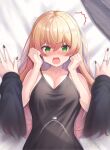  2girls absurdres black_nails black_shirt blonde_hair breasts cleavage fang female_pov green_eyes highres hiodoshi_ao hololive jewelry large_breasts long_hair looking_at_viewer momosuzu_nene multiple_girls nail_polish necklace open_mouth pov ring shirt skin_fang suicabar72 virtual_youtuber 