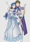  1boy 1girl absurdres arm_around_waist blue_eyes blue_hair bow_(weapon) breasts brown_hair cape cleavage couple dress earrings ebinku fire_emblem fire_emblem:_thracia_776 formal glade_(fire_emblem) hetero highres holding holding_bow_(weapon) holding_weapon jewelry long_hair looking_at_viewer pants purple_cape selphina_(fire_emblem) smile weapon wedding_dress white_dress white_pants 