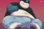 2023 anthro belly big_belly blush bottomwear clothed clothing clothing_lift cute_fangs eyes_closed generation_1_pokemon hat headgear headwear hi_res kemono male navel nintendo overweight overweight_male pants pokemon pokemon_(species) shirt shirt_lift simple_background sitting snorlax solo topwear uokkom 