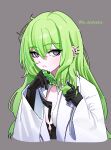  1girl black_gloves blue_eyes claw_ring closed_mouth commentary_request cropped_torso dyadyadya ear_piercing gloves green_hair grey_background hair_between_eyes hands_up highres honkai_(series) honkai_impact_3rd lab_coat long_hair long_sleeves looking_at_viewer mobius_(honkai_impact) piercing simple_background solo twitter_username upper_body wide_sleeves 