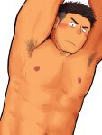  1boy armpit_hair armpits arms_up bara beard_stubble black_hair blush highres looking_at_viewer male_focus navel nipples nude original pectorals saliva short_hair sideburns_stubble solo sparse_navel_hair sparse_stubble sweat thick_eyebrows toned toned_male undercut upper_body v-shaped_eyebrows very_sweaty wada_terunosuke 