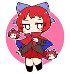  1girl black_footwear black_shirt blue_bow boots bow cape disembodied_head full_body hair_bow ini_(inunabe00) pleated_skirt red_cape red_eyes red_hair red_skirt sekibanki shirt short_hair skirt solo touhou 