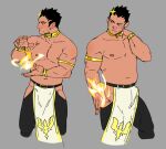  1boy adapted_costume armlet bara belly black_hair blush bodysuit bulge cropped_legs fire flaming_hand gold_collar hip_vent large_pectorals looking_to_the_side male_focus matty_(radicallymaxton) mature_male muscular muscular_male navel nipples open_hands pectorals pelvic_curtain plump pyrokinesis revealing_clothes short_hair sideburns single_flame sparse_stubble stomach thighs tokyo_afterschool_summoners topless_male zabaniyya_(housamo) 