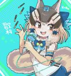  1girl absurdres animal_costume animal_ear_fluff animal_ears bow bowtie brown_eyes brown_hair chipmunk_costume chipmunk_ears chipmunk_girl chipmunk_tail elbow_gloves extra_ears gloves highres kanmoku-san kemono_friends kemono_friends_v_project microphone multicolored_hair open_mouth ribbon scarf shirt short_hair shorts siberian_chipmunk_(kemono_friends) simple_background sleeveless sleeveless_shirt solo tail translation_request vest virtual_youtuber 