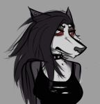  anthro breasts bridge_piercing canid canid_demon canine choker clothing cumcadaver dark_hair demon facial_piercing female frown goth hellhound helluva_boss hi_res jewelry loona_(helluva_boss) makeup mammal necklace nose_piercing piercing solo torn_clothing 