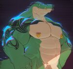  2023 abs anthro arm_tattoo black_background blue_eyes blue_lighting chest_tattoo crocodile crocodilian crocodylid fang_ring flexor_carpi genitals green_body green_scales head_spines hi_res looking_at_viewer male mr_nellory multicolored_body multicolored_scales navel nipple_piercing nipple_ring nipples obliques pecs penis penis_base piercing reptile ring_piercing scales scalie serratus shoulder_tattoo simple_background solo tan_body tan_scales tattoo tooth_ring triceps tusk_ring two_tone_body two_tone_scales vein veiny_penis 