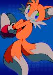  1boy animal_ears animal_nose blue_background blue_blush blush closed_mouth fox_boy fox_ears furry furry_male highres looking_back male_focus menma_(enaic31) multiple_tails orange_fur red_footwear smile solo sonic_(series) tail tails_(sonic) two_tails 