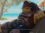  3d_(artwork) alien beach blue_eyes bottomwear bulge bulge_fondling bulge_grab clothed clothing dialogue digital_media_(artwork) english_text hi_res krogan looking_at_viewer male mass_effect muscular muscular_male open_mouth outside pupils reclining rooking seaside shorts shorts_only sitting slit_pupils solo teeth text 