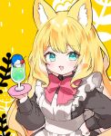  1girl animal_ear_fluff animal_ears apron bird black_shirt blonde_hair bow cherry colored_inner_hair cup drinking_glass fang food fox_ears fox_girl fruit fuwafuwa-chan_(kamiyoshi_rika) green_eyes hand_on_own_hip holding holding_tray kamiyoshi_rika light_blush long_hair long_sleeves looking_at_viewer maid maid_apron multicolored_hair open_mouth original penguin red_bow shirt smile soda solo tray upper_body very_long_hair wavy_hair yellow_background 
