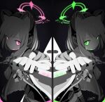  2girls 4ba_nana absurdres animal_ear_headphones animal_ears black_skirt black_thighhighs blood blood_splatter blue_archive bow cat_ears cat_tail closed_mouth death_momoi_(meme) dual_wielding expressionless fake_animal_ears foreshortening frilled_skirt frills glowing glowing_eyes green_eyes green_halo grey_hair greyscale hair_bow halo headphones highres holding holding_knife hood hood_down hooded_jacket jacket knife looking_at_viewer meme midori_(blue_archive) miniskirt momoi_(blue_archive) monochrome multiple_girls parted_bangs pink_eyes pink_halo pleated_skirt shirt siblings sidelocks signature sisters skirt tail thighhighs twins upper_body white_jacket white_shirt 