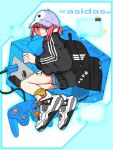  1girl adidas backpack bag baseball_cap black_bag black_jacket blue_eyes brand_name_imitation from_side full_body game_console gamecube gamecube_controller hat highres jacket long_sleeves looking_at_viewer looking_to_the_side musical_note_tattoo nao97122 original paw_print pink_hair shoes short_ponytail sidelocks sneakers socks solo streetwear triple_vertical_stripe white_footwear white_headwear yellow_socks 